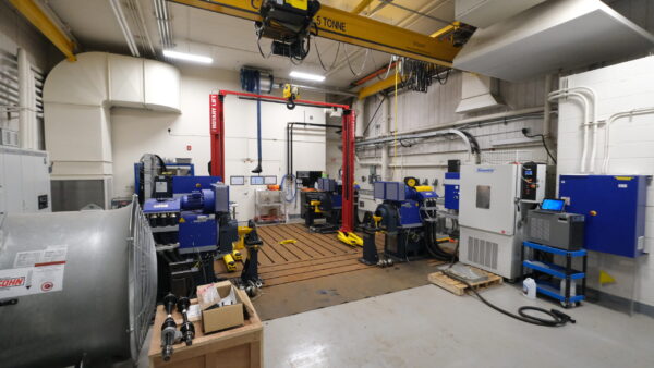 This image shows our lab located in MARC 118, which includes a thermal chamber as well as a four-wheel dyno for testing