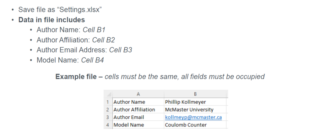 Instructions for saving a file as 'Settings.xlsx' with specific data fields. The fields include Author Name in Cell B1, Author Affiliation in Cell B2, Author Email Address in Cell B3, and Model Name in Cell B4. An example is also shown with data filled in: 'Phillip Kollmeyer,' 'McMaster University,' 'kollmeyp@mcmaster.ca,' and 'Coulomb Counter'.