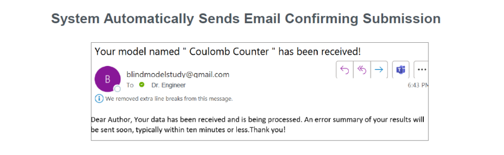 Email confirmation from 'blindmodelstudy@gmail.com' stating the model has been received, with an error summary to be sent within ten minutes