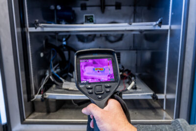 A thermal camera pointed inside a thermal chamber, with the camera screen in focus displaying temperature variations of the objects inside. The screen shows color changes corresponding to different temperatures, indicating the operation of the equipment.